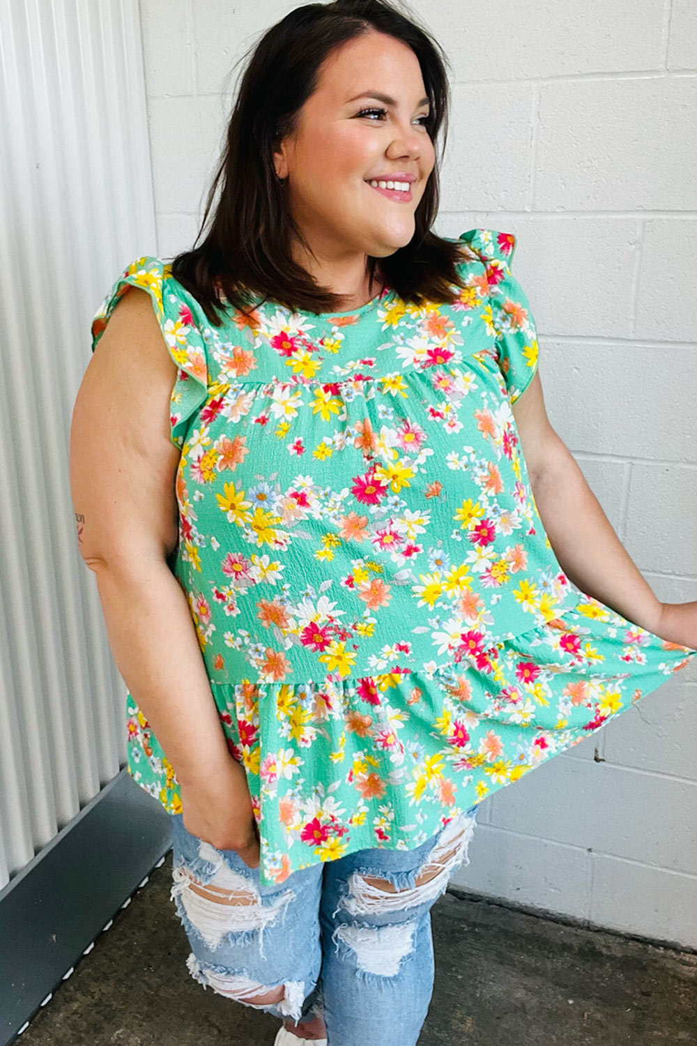 Mint Floral Yoke Flutter Sleeve Keyhole Back Top - Charming Charlie