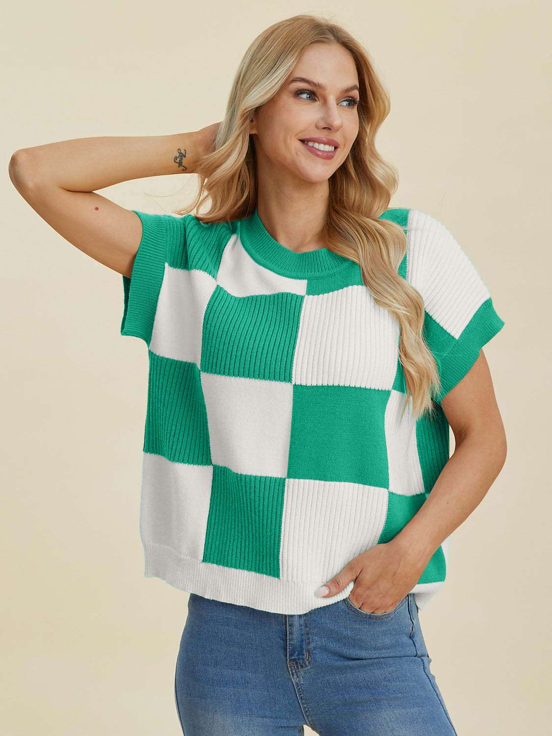 Double Take Full Size Checkered Round Neck Short Sleeve Sweater - Charming Charlie