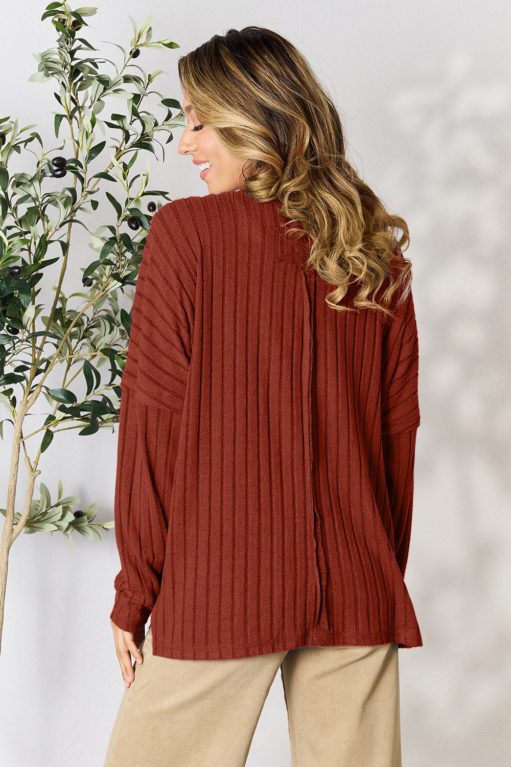 Basic Bae Full Size Ribbed Round Neck Slit Knit Top - Charming Charlie
