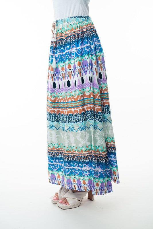 Printed Elastic Waist Band Long Skirt with Tassels in Sage Combo - Charming Charlie