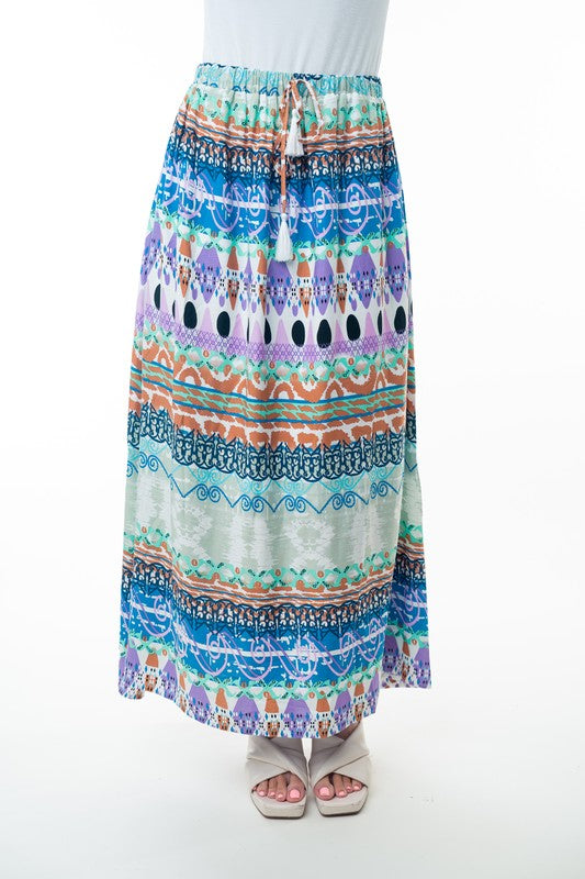 Printed Elastic Waist Band Long Skirt with Tassels in Sage Combo - Charming Charlie