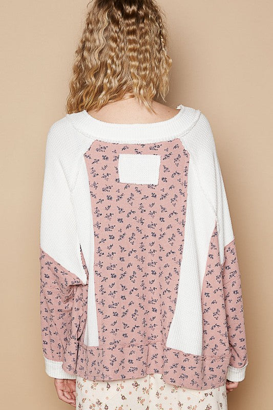 POL Waffle Knit Floral Notched Long Sleeve Top - Charming Charlie