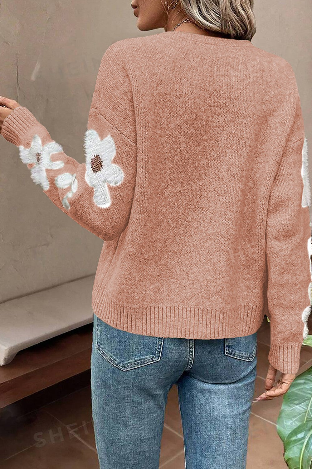 Flower Round Neck Long Sleeve Sweater - Charming Charlie