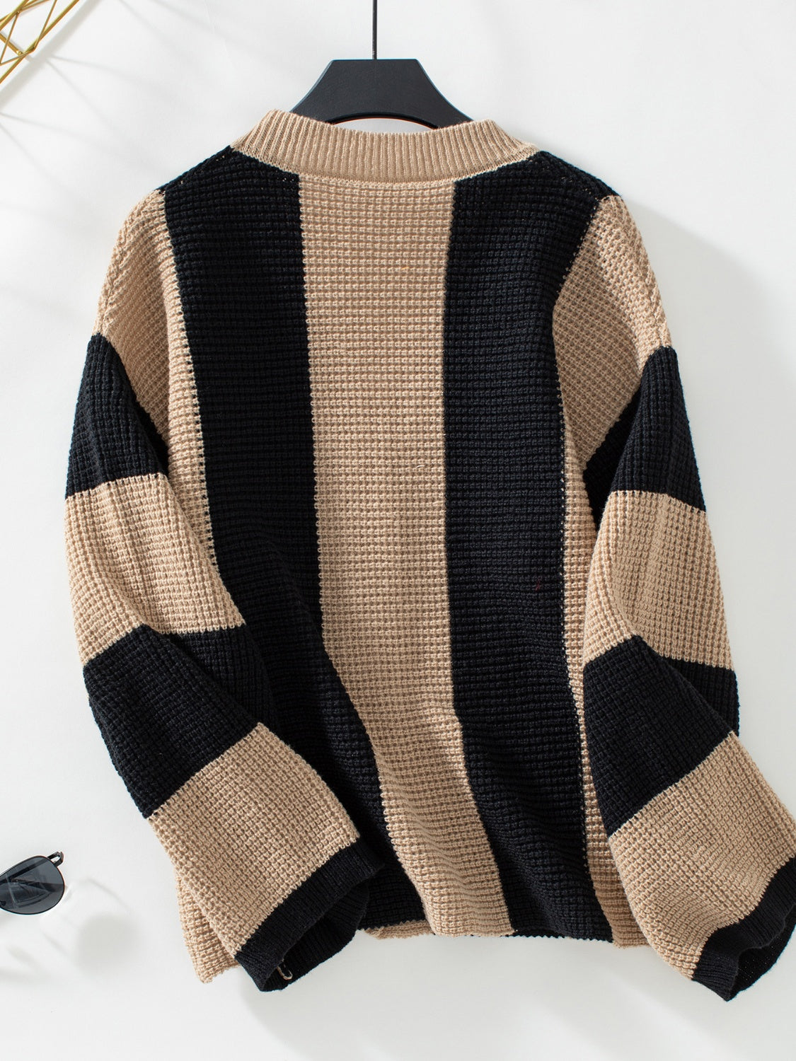 Waffle-Knit V-Neck Striped Long Sleeve Cardigan - Charming Charlie