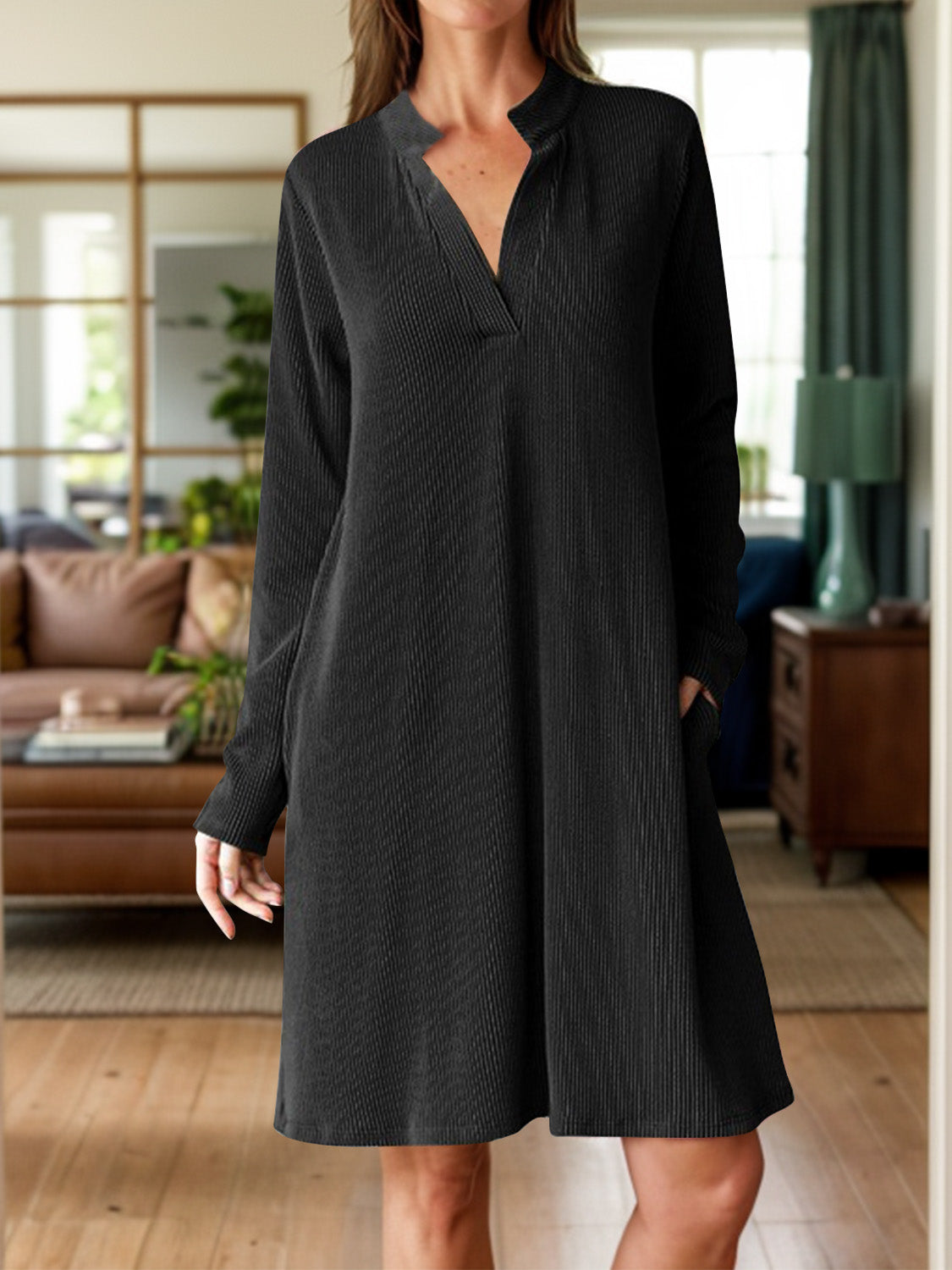 Notched Long Sleeve Mini Dress with Pockets - Charming Charlie
