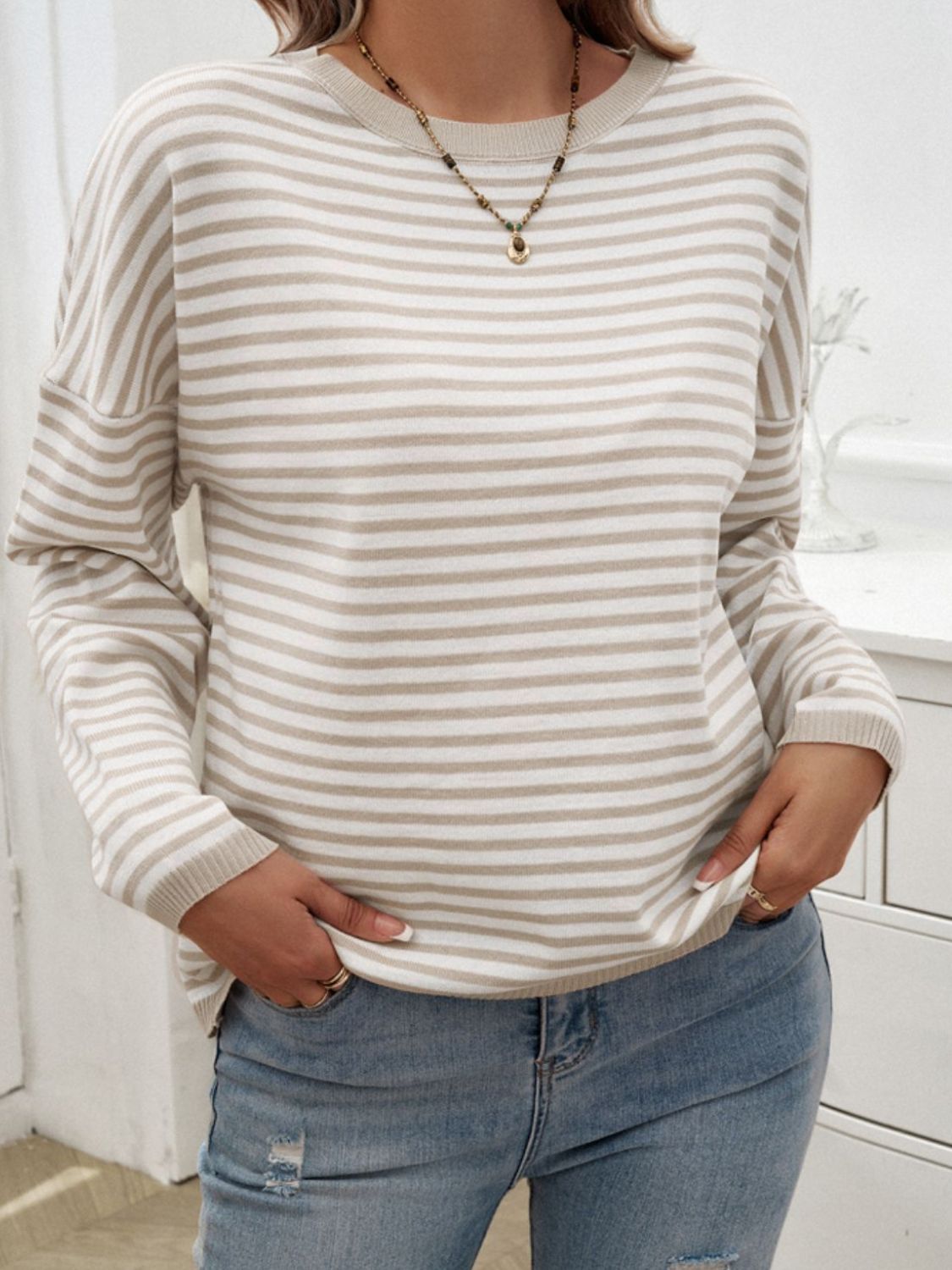Striped Round Neck Dropped Shoulder Sweater - Charming Charlie