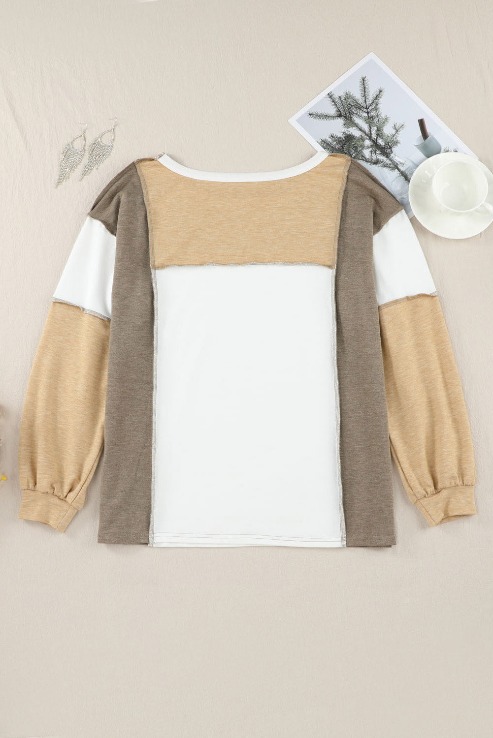 Exposed Seam Contrast Round Neck Long Sleeve Top - Charming Charlie