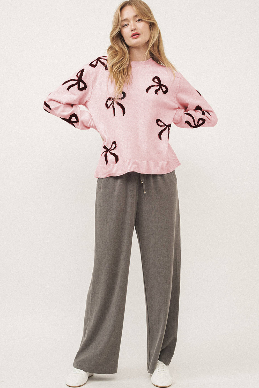 Bow Pattern Round Neck Loose Fit Sweater - Charming Charlie