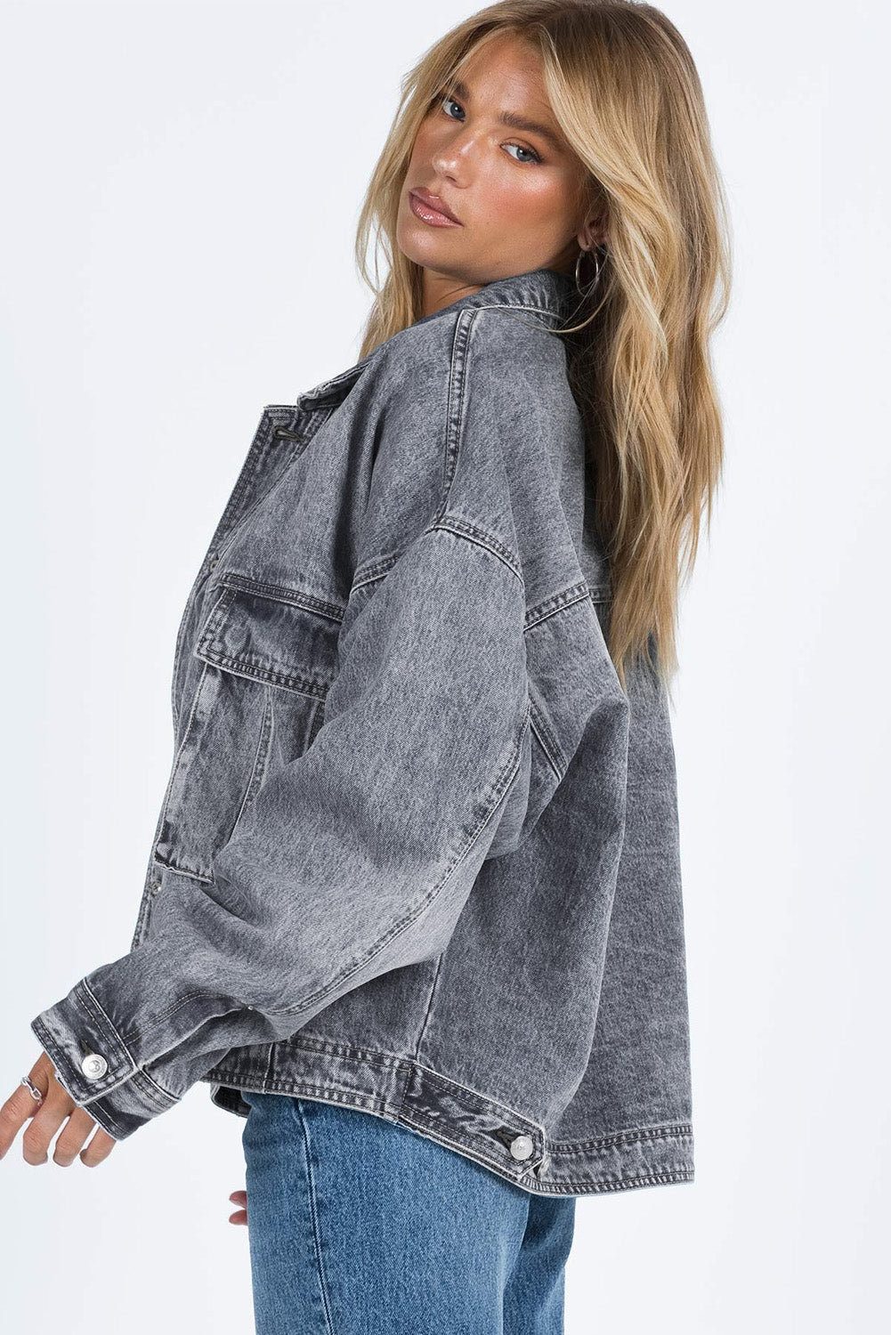 Collared Neck Button Up Denim Jacket - Charming Charlie