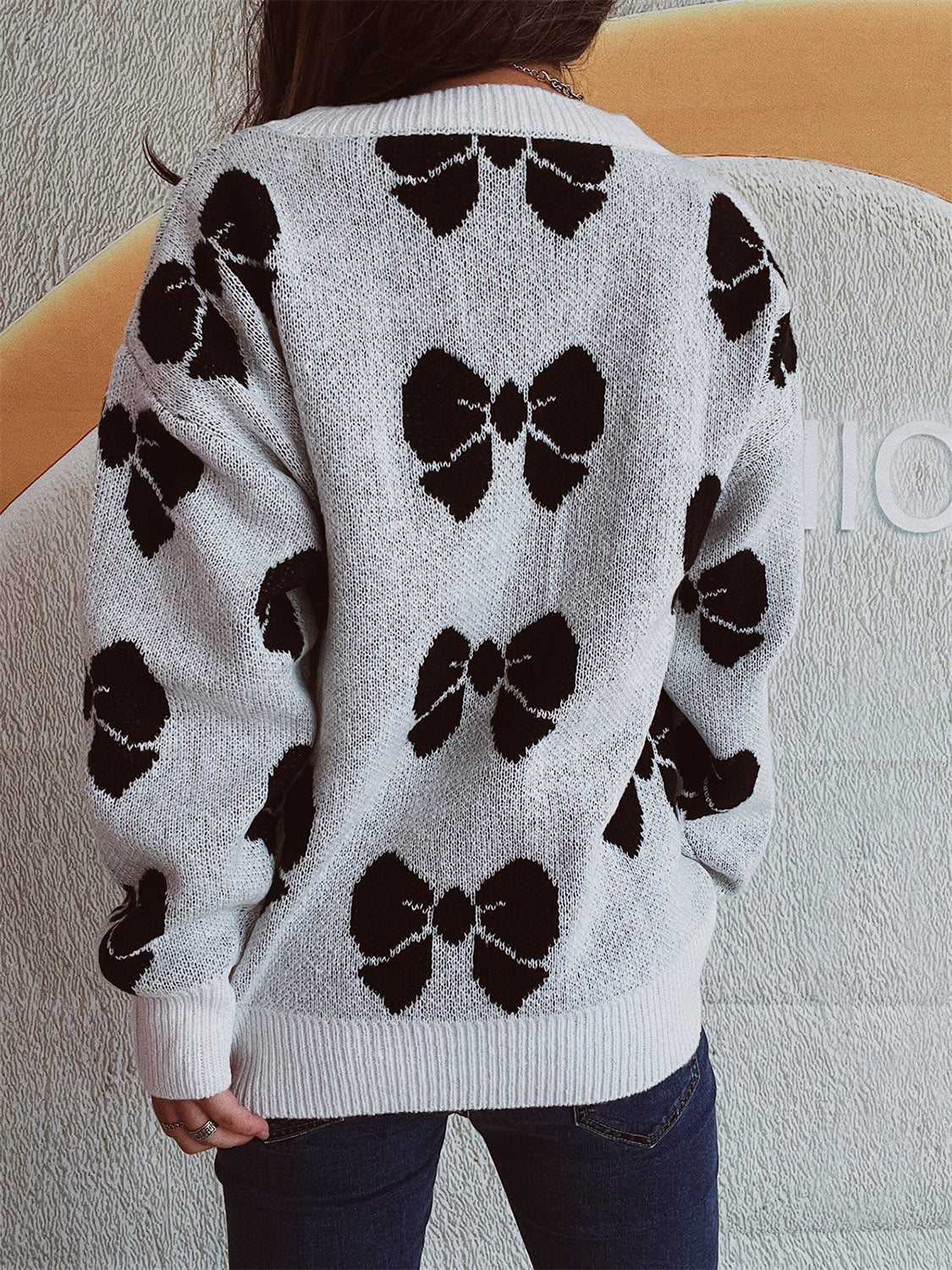 Bow Round Neck Dropped Shoulder Sweater - Charming Charlie