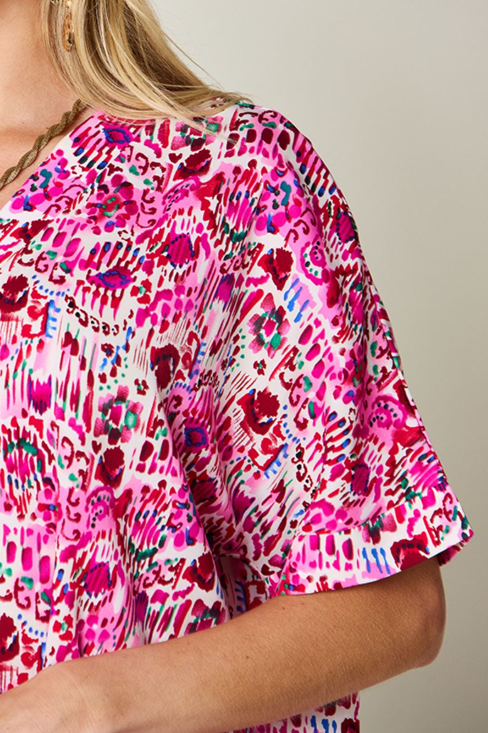 Double Take Full Size Printed V-Neck Short Sleeve Blouse - Charming Charlie