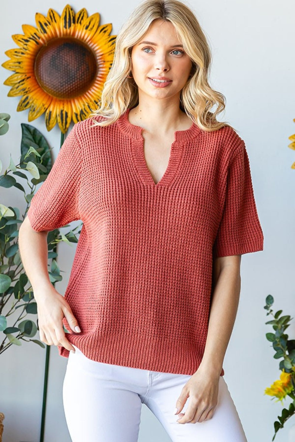 First Love Notched Short Sleeve Knit Top - Charming Charlie