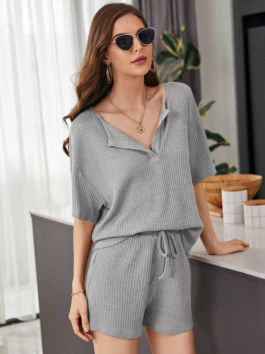 Waffle-Knit Slit Drop Shoulder Top