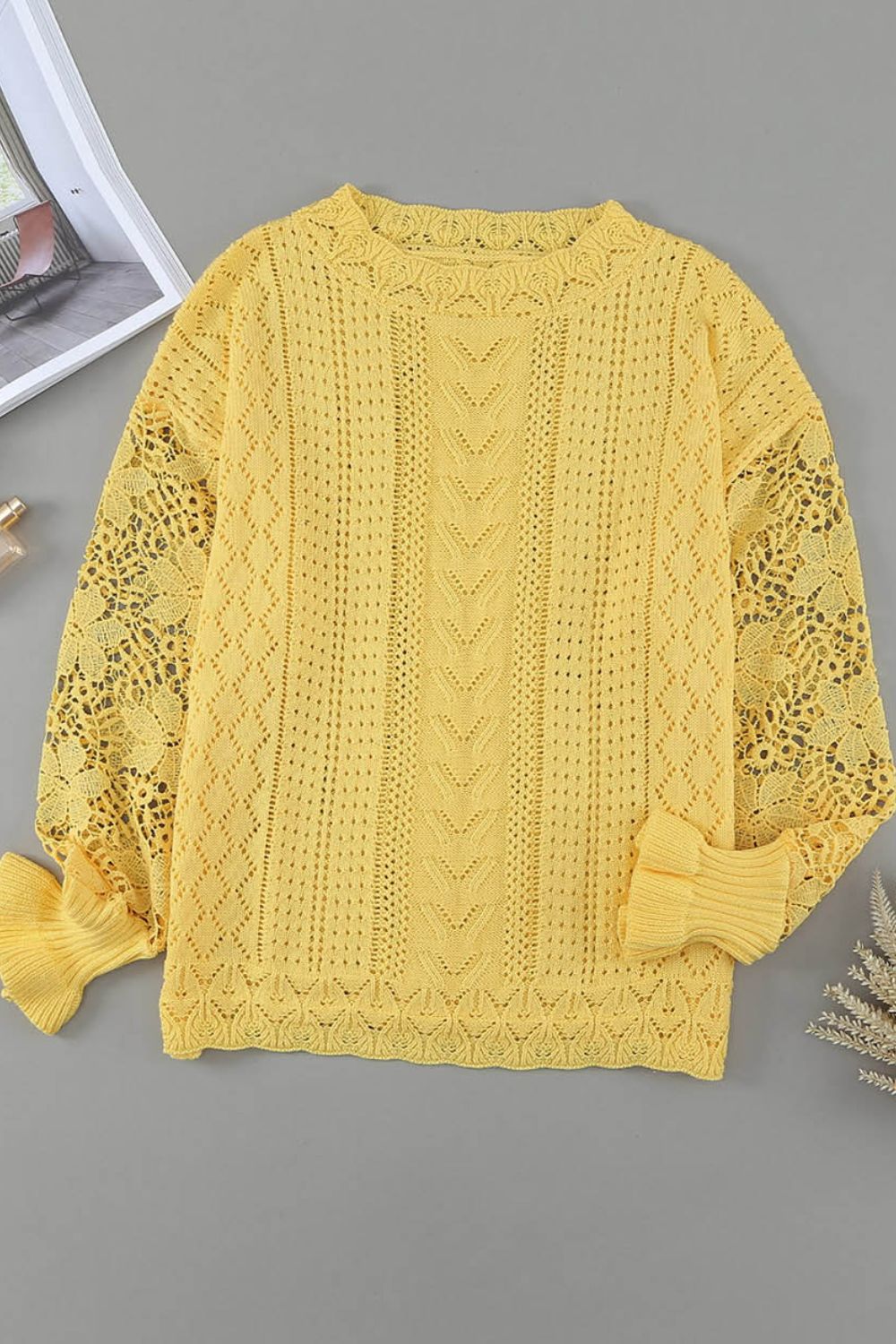 Openwork Round Neck Long Sleeve Sweater - Charming Charlie