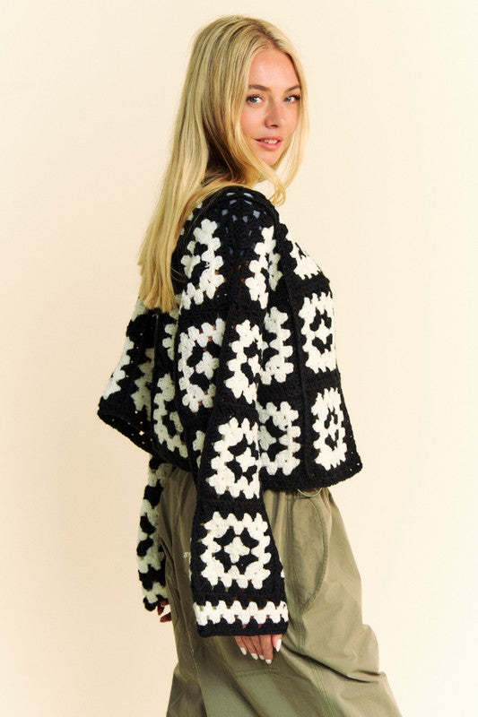 Davi & Dani Full Size Two Tone Flower Square Crochet Open Front Cardigan - Charming Charlie