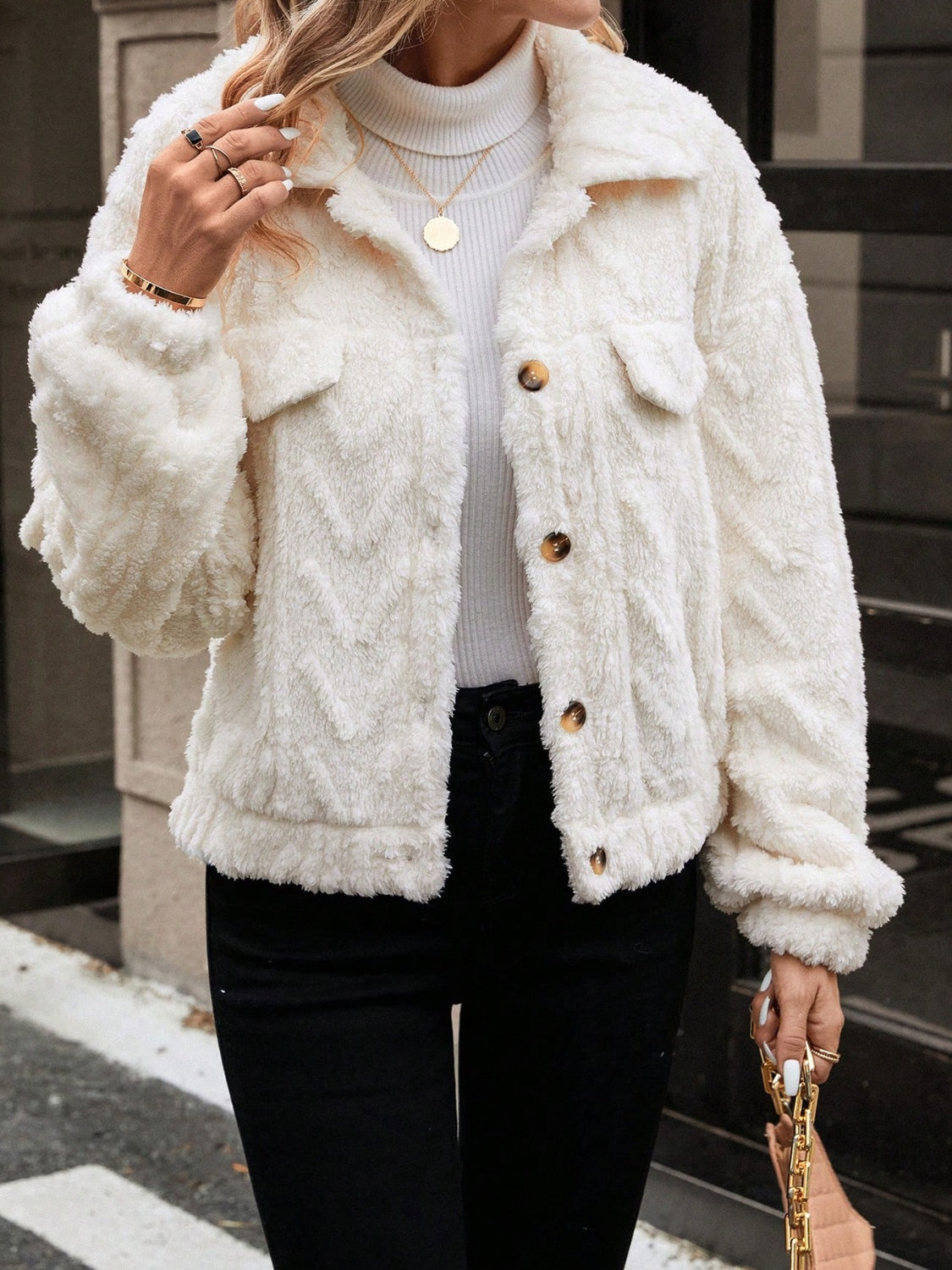 Button Up Long Sleeve Fuzzy Outerwear - Charming Charlie