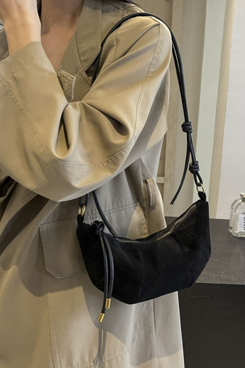 PU Leather Strap Suede Shoulder Bag - Charming Charlie