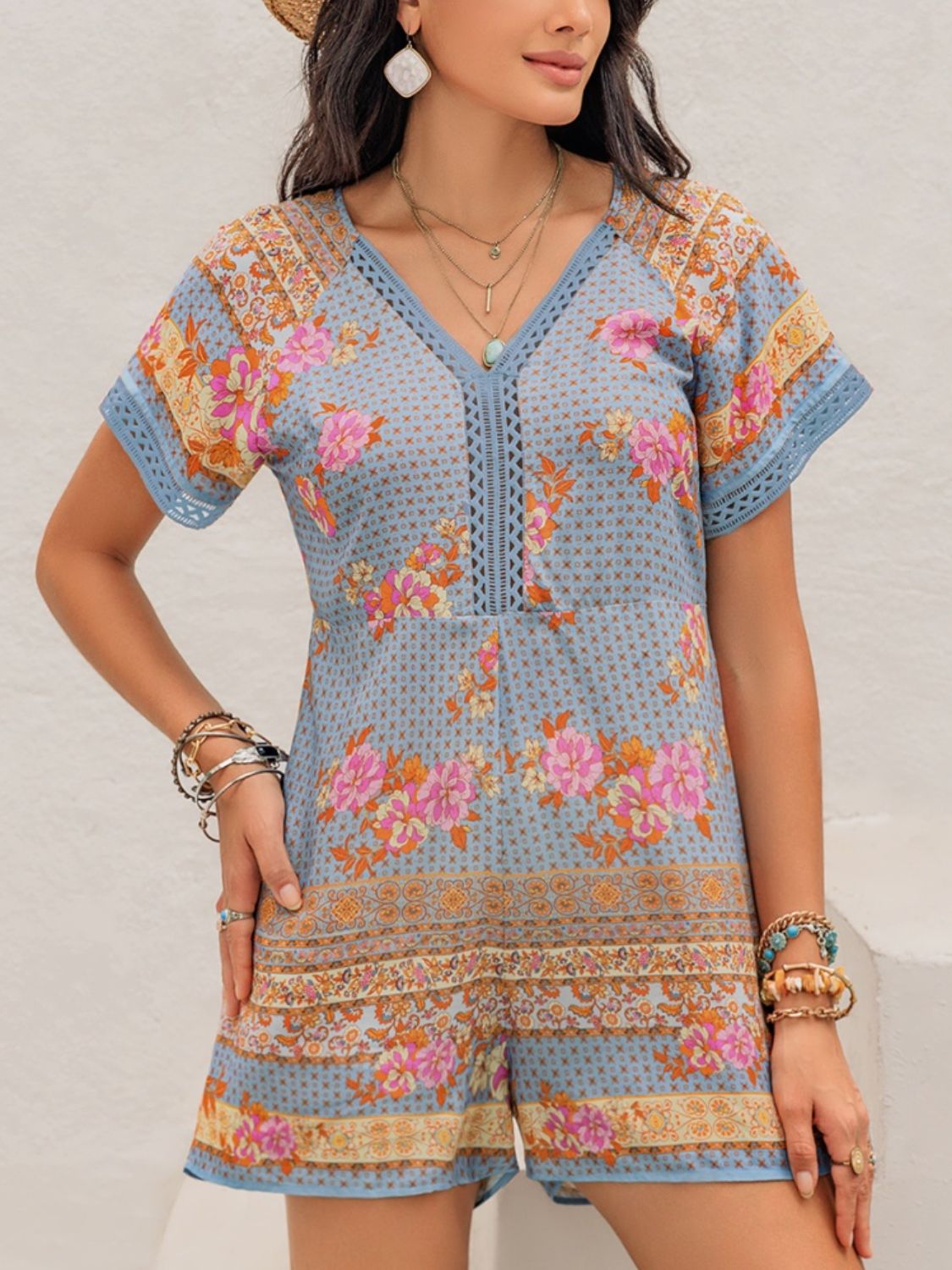 Printed V-Neck Short Sleeve Romper - Charming Charlie