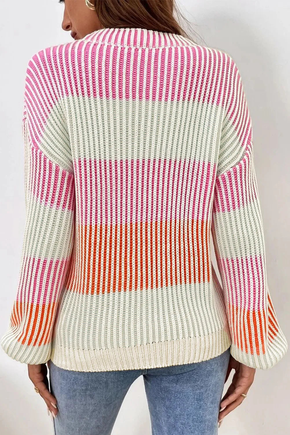 Striped Color Block Round Neck Long Sleeve Sweater - Charming Charlie