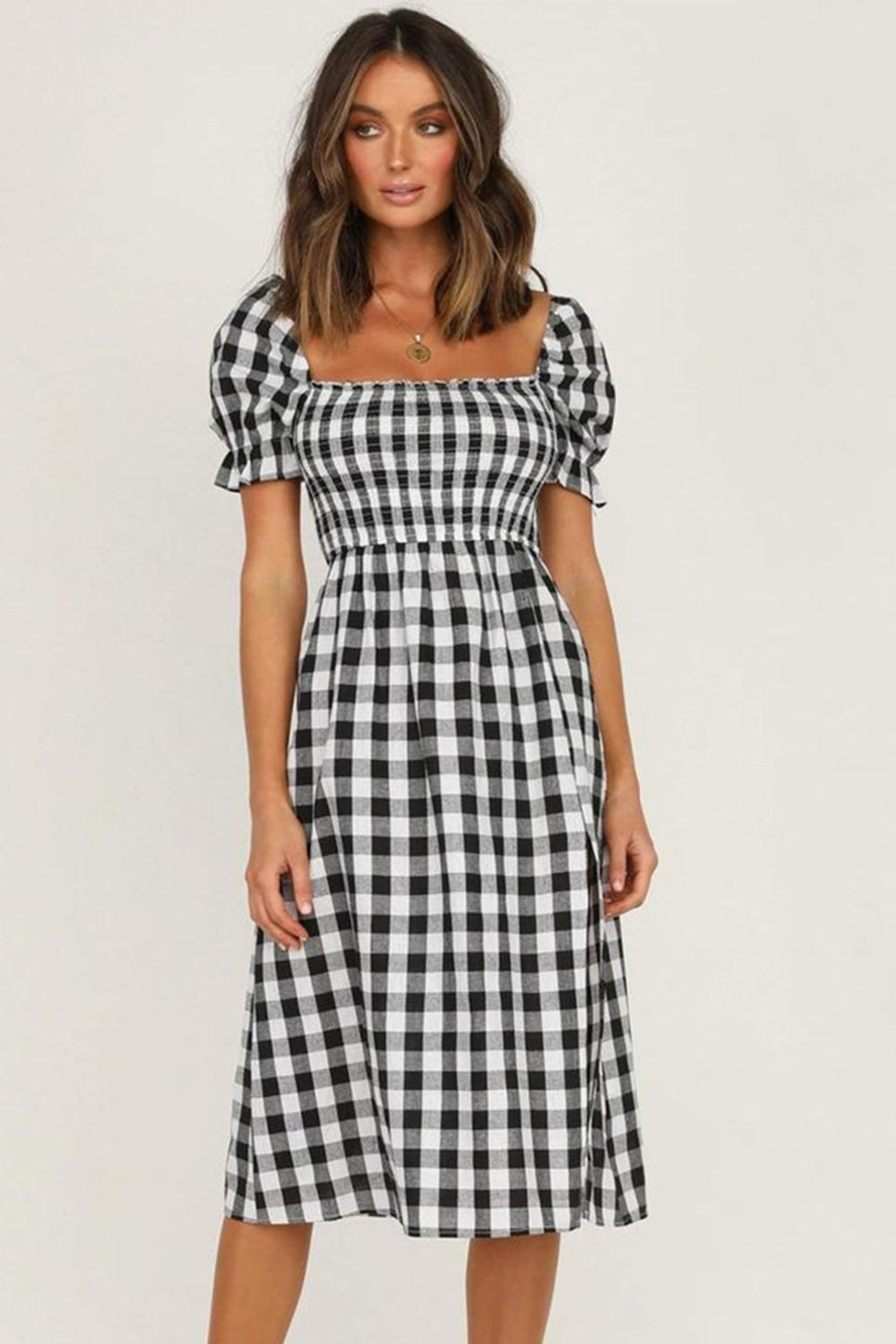Full Size Slit Plaid Short Sleeve Midi Dress - Charming Charlie
