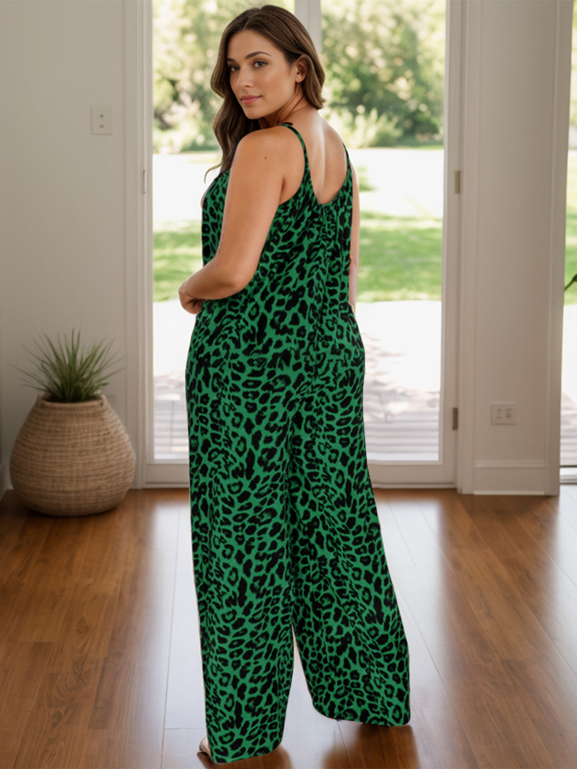 Full Size Leopard Scoop Neck Wide Leg Jumpsuit - Charming Charlie