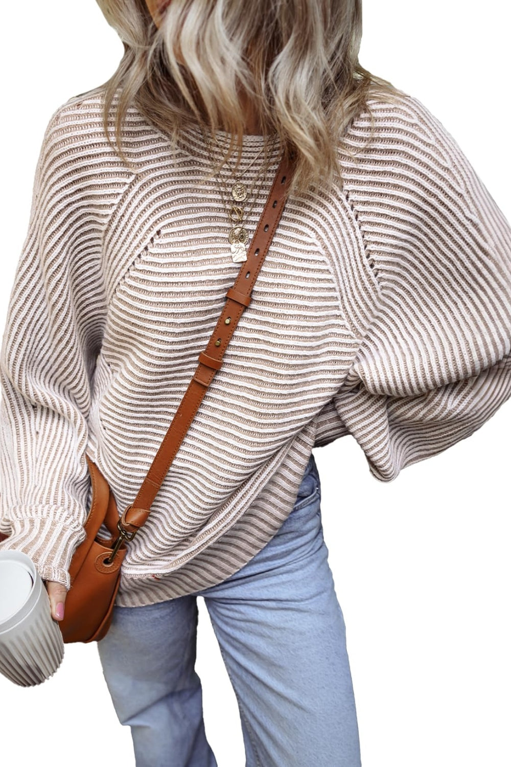 Textured Striped Round Neck Long Sleeve Top - Charming Charlie