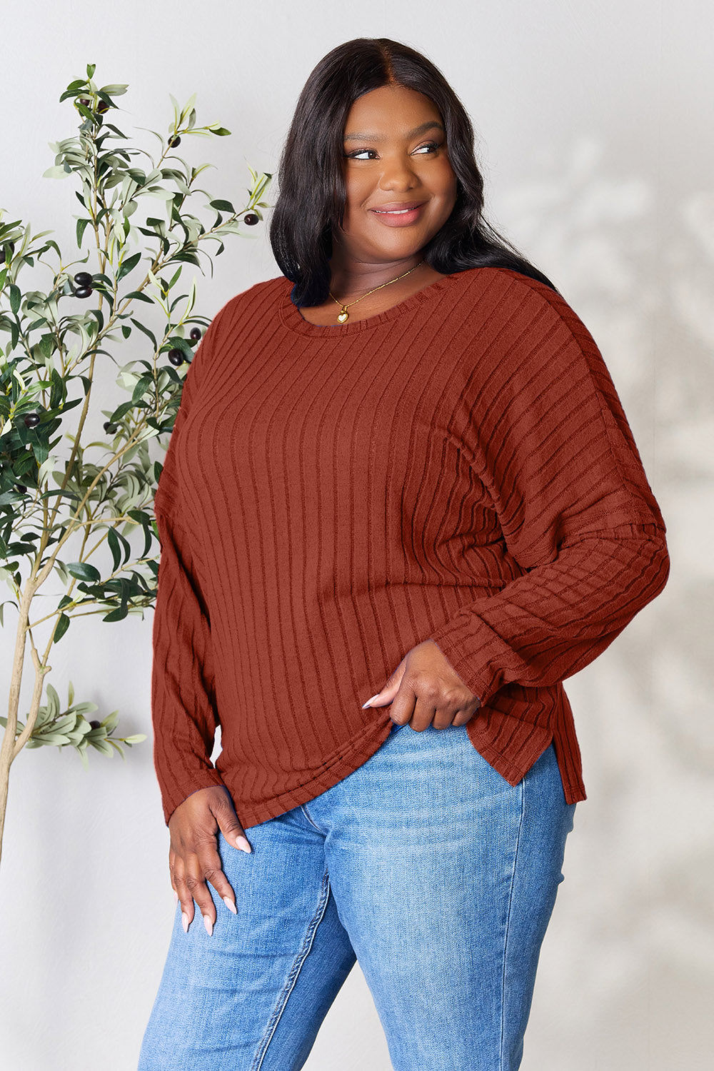Basic Bae Full Size Ribbed Round Neck Slit Knit Top - Charming Charlie