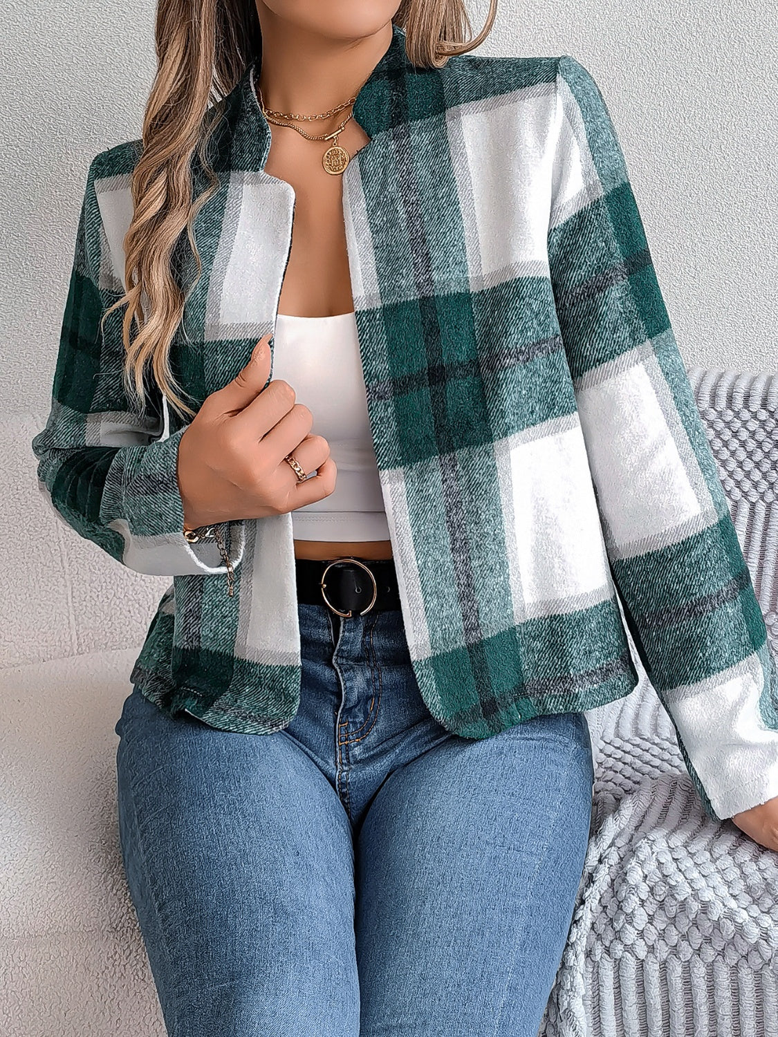 Plaid Open Front Long Sleeve Jacket - Charming Charlie