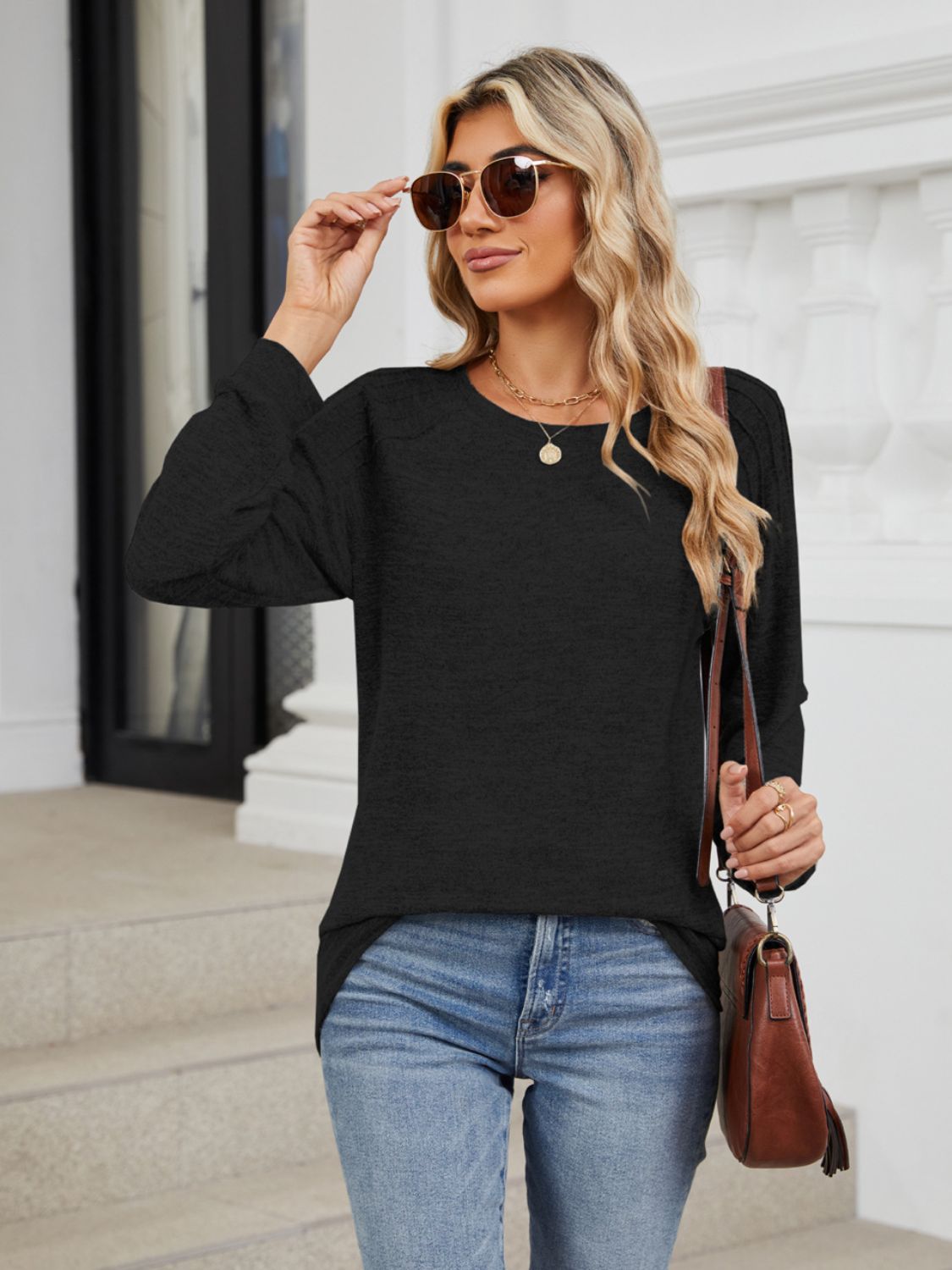 Round Neck Long Sleeve T-Shirt - Charming Charlie