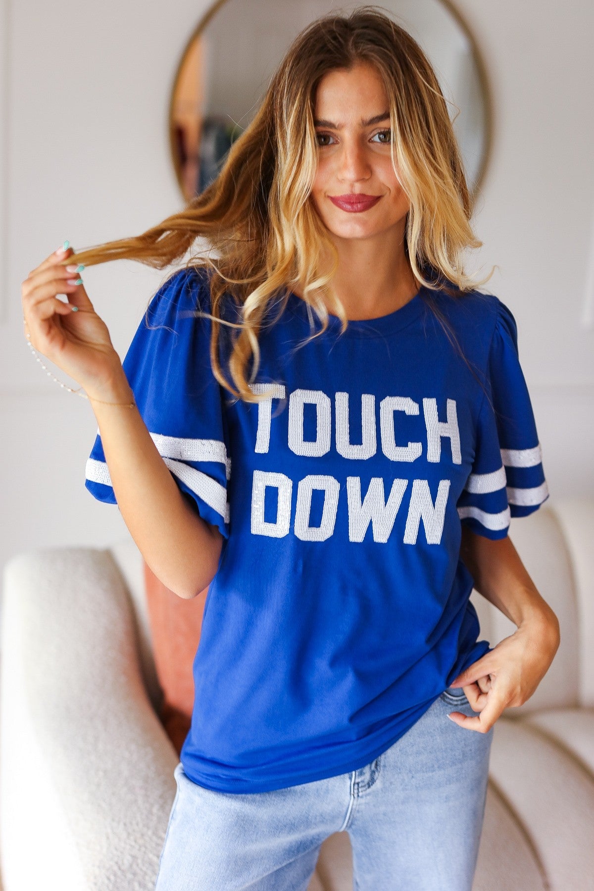 Stand Out Blue "TOUCHDOWN" Sequin Bubble Sleeve Game Day Top - Charming Charlie
