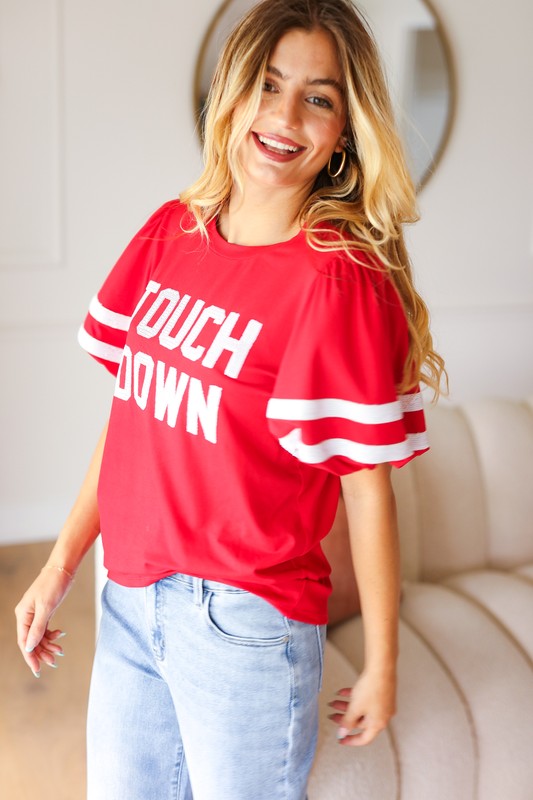 Stand Out Red "TOUCHDOWN" Sequin Bubble Sleeve Game Day Top - Charming Charlie