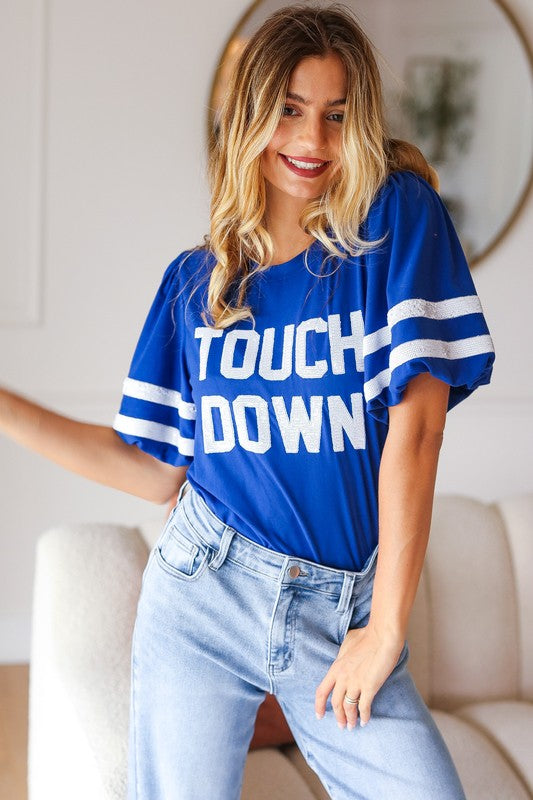 Stand Out Blue "TOUCHDOWN" Sequin Bubble Sleeve Game Day Top - Charming Charlie