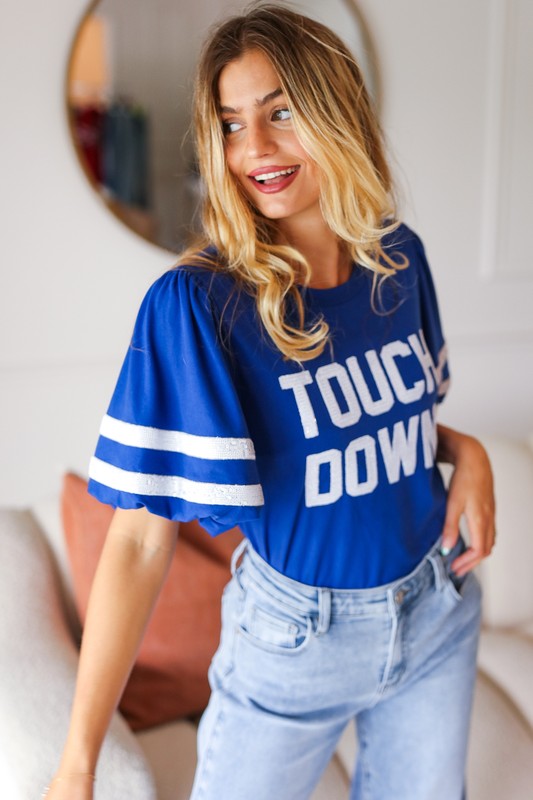 Stand Out Blue "TOUCHDOWN" Sequin Bubble Sleeve Game Day Top - Charming Charlie