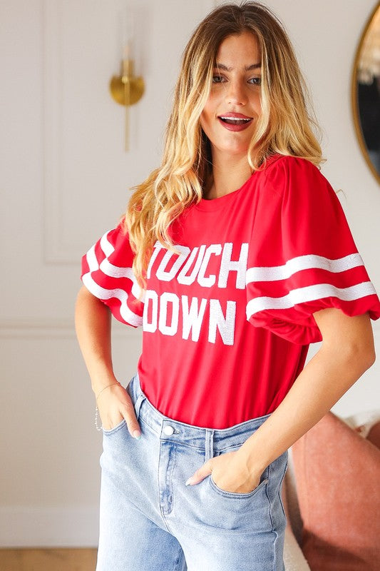 Stand Out Red "TOUCHDOWN" Sequin Bubble Sleeve Game Day Top - Charming Charlie