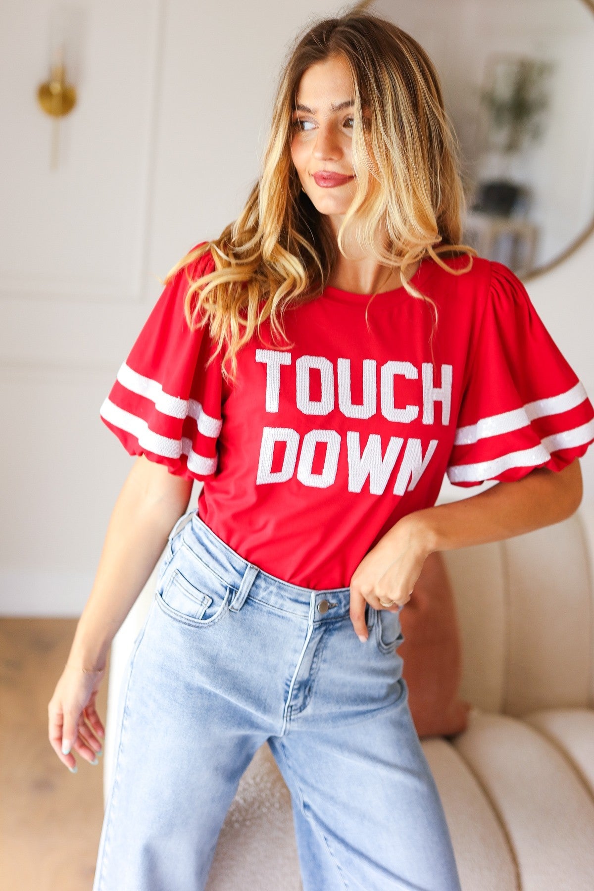 Stand Out Red "TOUCHDOWN" Sequin Bubble Sleeve Game Day Top - Charming Charlie