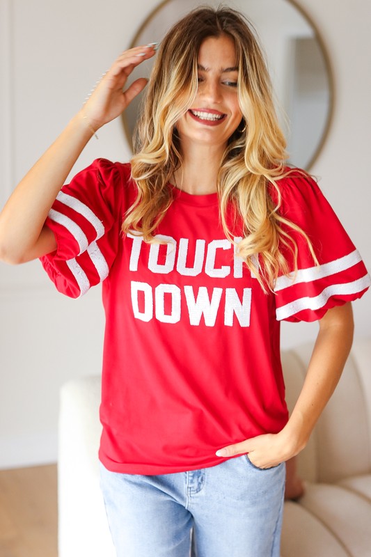 Stand Out Red "TOUCHDOWN" Sequin Bubble Sleeve Game Day Top - Charming Charlie