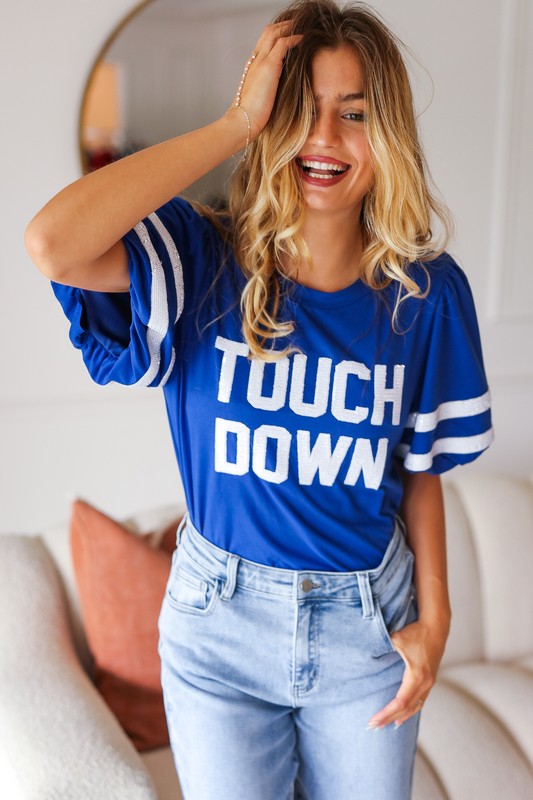 Stand Out Blue "TOUCHDOWN" Sequin Bubble Sleeve Game Day Top - Charming Charlie