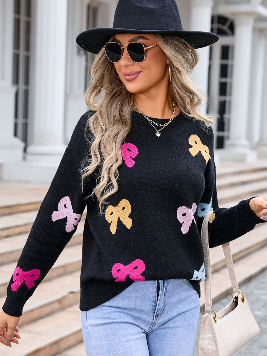 Bow Graphic Round Neck Long Sleeve Sweater - Charming Charlie