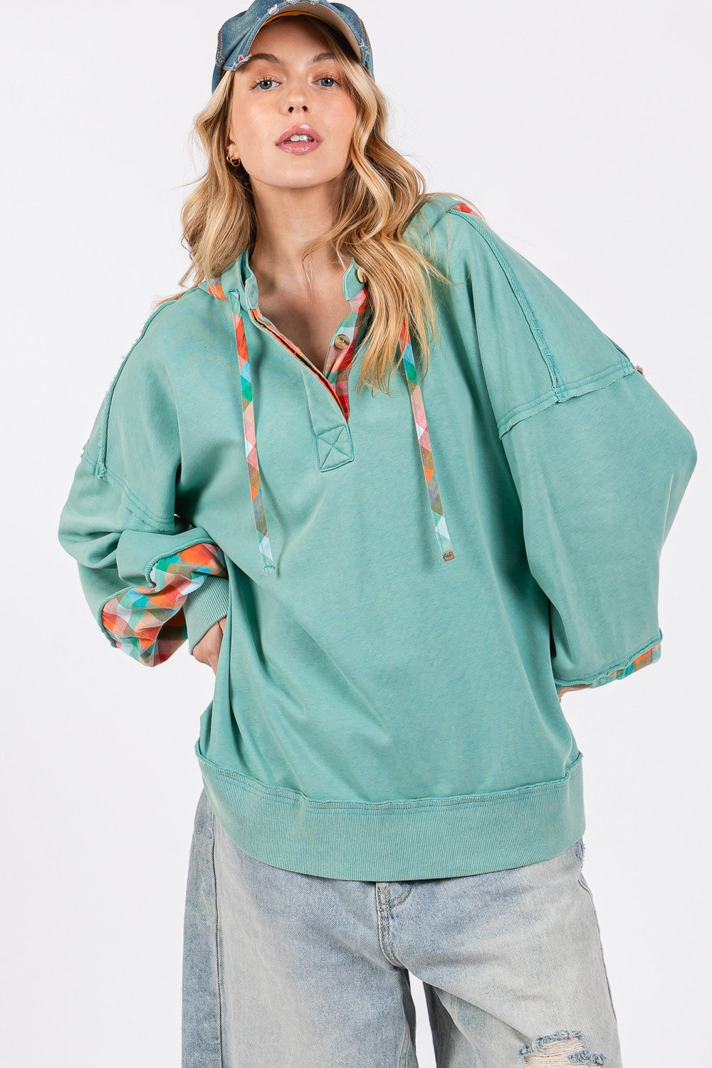 SAGE + FIG Full Size Plaid Print Washed Hoodie - Charming Charlie