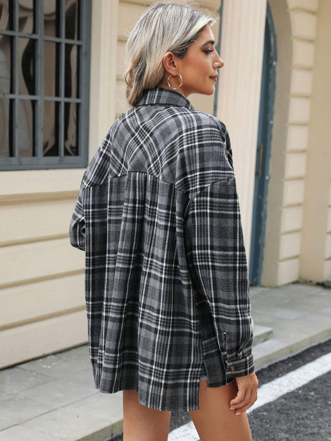 Pocketed Plaid Collared Neck Long Sleeve Shirt - Charming Charlie