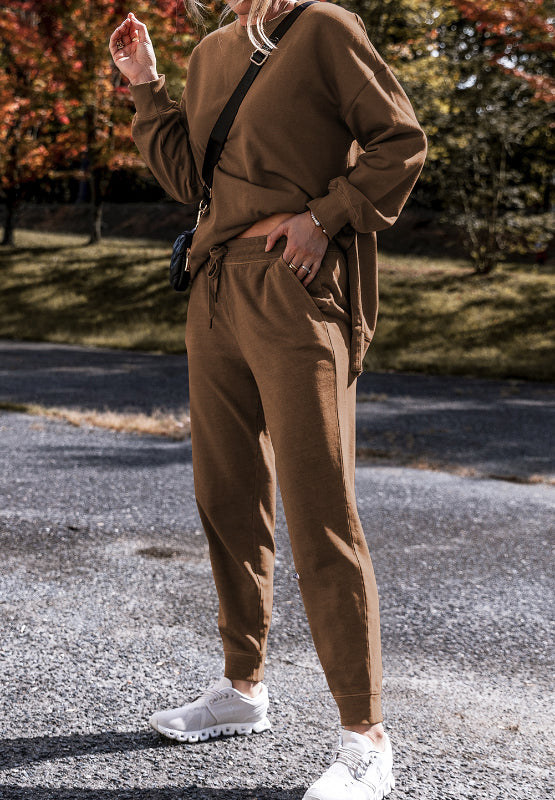 Side Slit Round Neck Long Sleeve Top and Pants Set - Charming Charlie