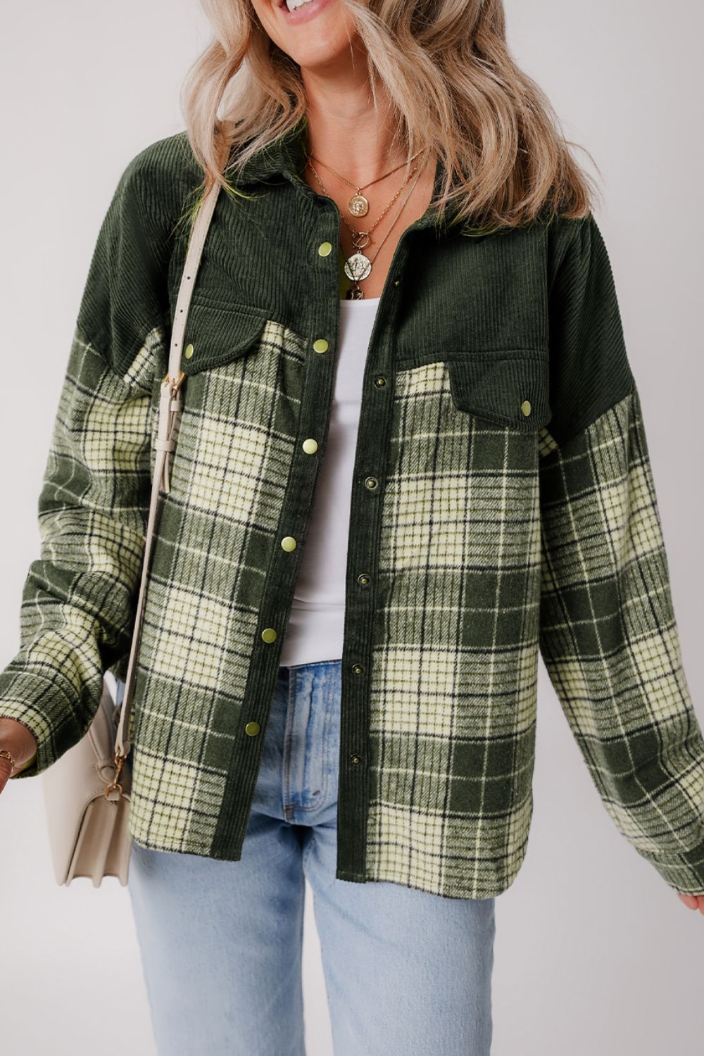 Snap Down Collared Neck Plaid Shacket - Charming Charlie