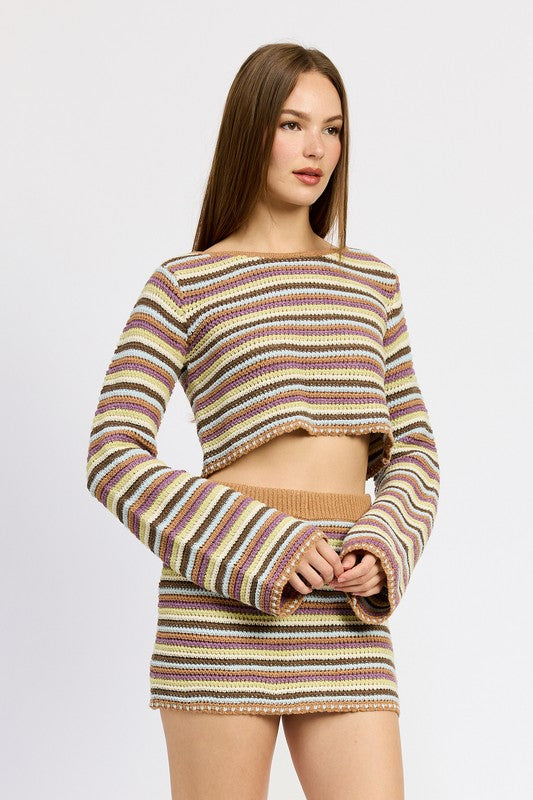 ROUND NECK CROCHET TOP WITH BELL SLEEVES - Charming Charlie
