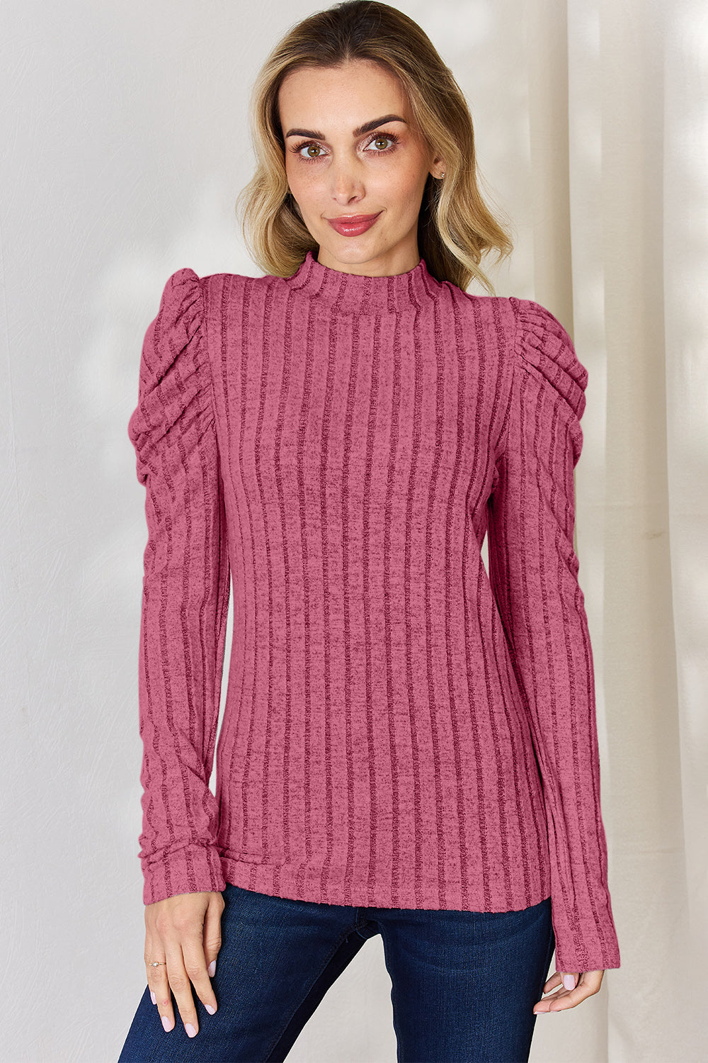 Basic Bae Full Size Ribbed Mock Neck Puff Sleeve T-Shirt - Charming Charlie