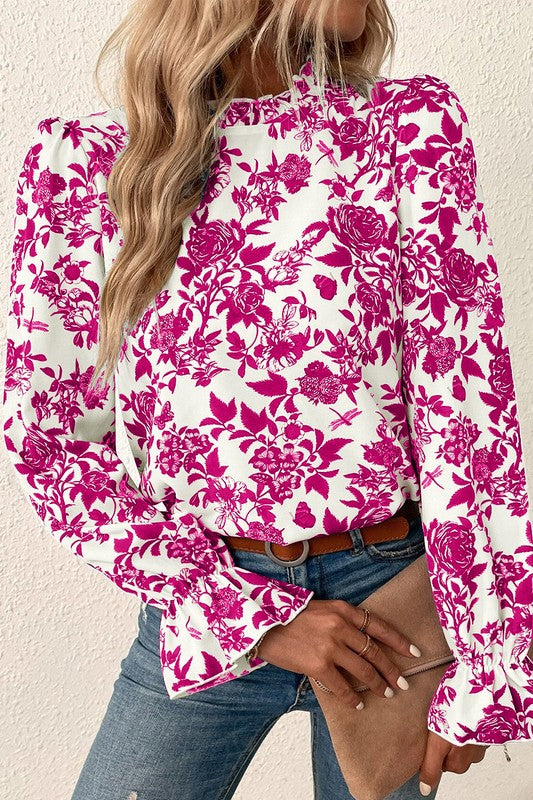 Floral Print Flounce Sleeve Keyhole Back Blouse - Charming Charlie