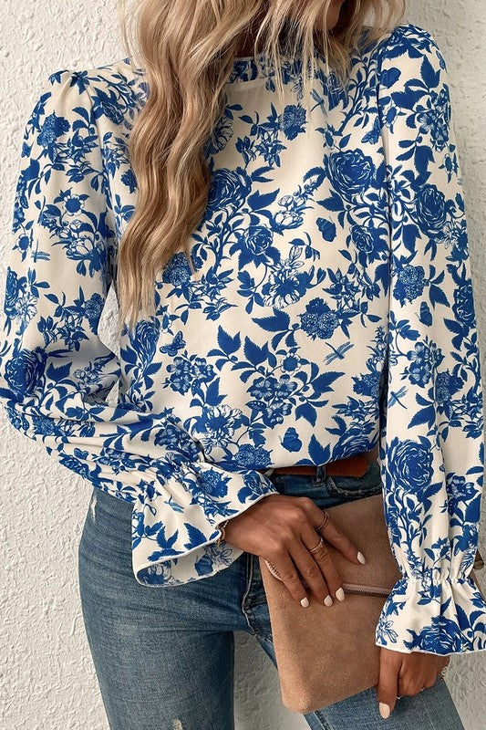 Floral Print Flounce Sleeve Keyhole Back Blouse - Charming Charlie