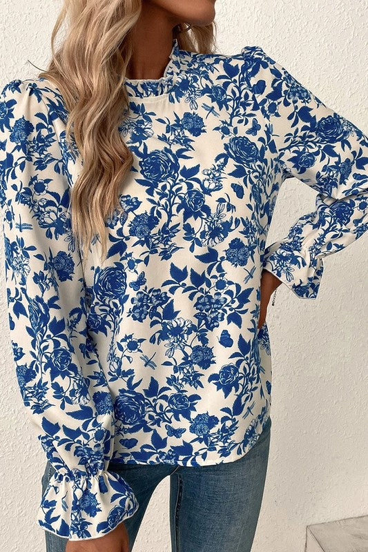 Floral Print Flounce Sleeve Keyhole Back Blouse - Charming Charlie