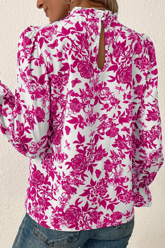 Floral Print Flounce Sleeve Keyhole Back Blouse - Charming Charlie