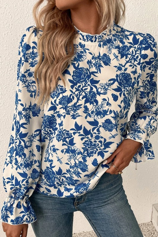 Floral Print Flounce Sleeve Keyhole Back Blouse - Charming Charlie