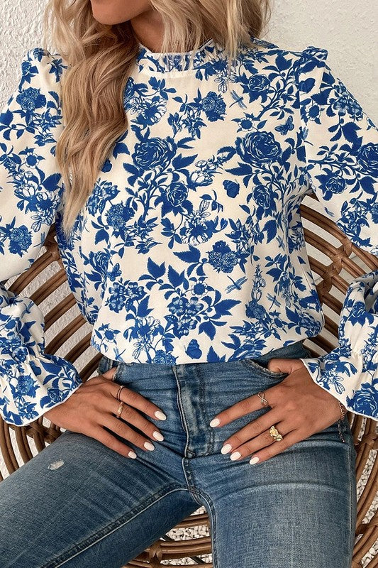 Floral Print Flounce Sleeve Keyhole Back Blouse - Charming Charlie